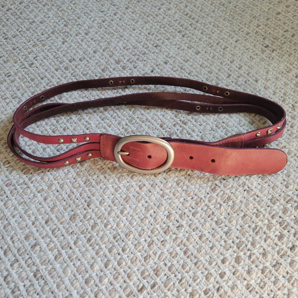 Vintage Red Genuine Leather Waist Belt Boho Western Rivets Grunge Womens M*